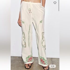 Zara Cream Drawstring Wide-Leg Pants with Green & Red Embroidery